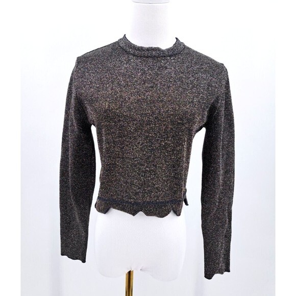 Zara Knit Size Large Black Gold Metallic Cropped Scalloped Pullover Sweater - Picture 1 of 7